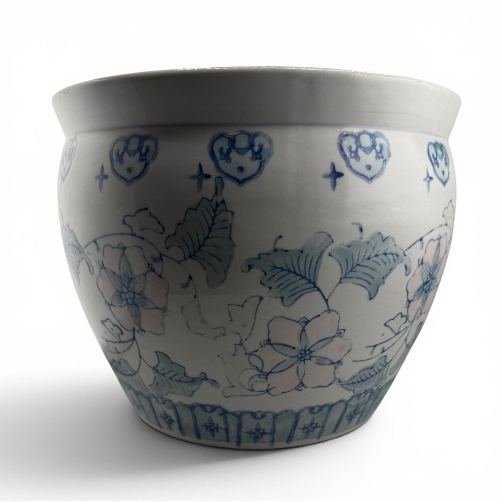 Vintage Fish Bowl 10" Planter Pot Chinoiserie Blue Pink Green Floral Jardiniere
